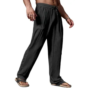 Men's breathable black cotton linen casual loose fit straight leg lounge summer pants