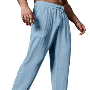 Men's loose breathable cotton linen casual straight leg summer trousers in light blue