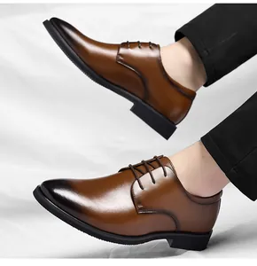 Close-up of brown men's formal leather shoes featuring a burnished toe and lace-up design