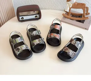 Close-up view of stylish camouflage open-toe sandals for kids in multiple cool colors.