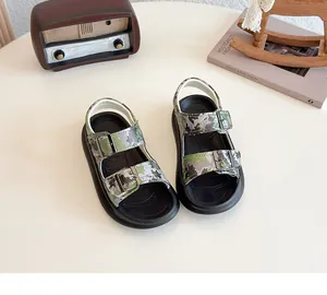 Detailed macro view of stylish camouflage children's sandals with durable dual buckle straps