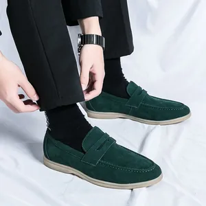 Men's dark green suede loafers slip-on driving shoes with white stitching detail