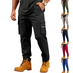 Detailed view of men's multi-pocket tactical cargo pants in black and other colors