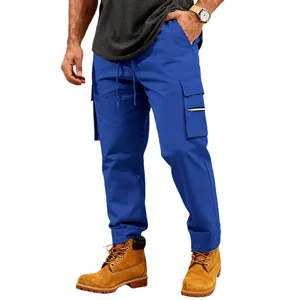 Detail of men's blue tactical cargo pants with multi-pockets and drawstring waist