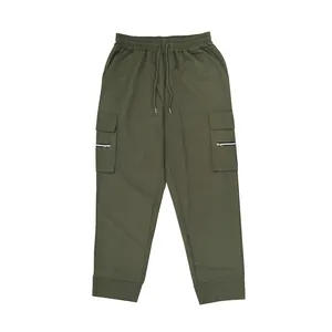 Full view of men's olive green cargo sweatpants featuring zipper pockets and drawstring