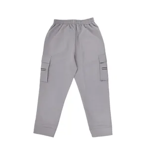 Detail view of grey men's tactical cargo joggers featuring multi-pocket streetwear design