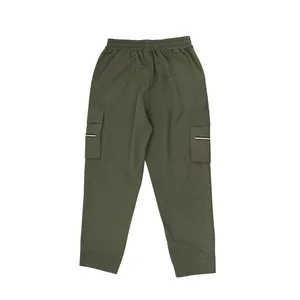 Detailed view of olive green cargo sweatpants featuring large side flap pockets and elastic waist