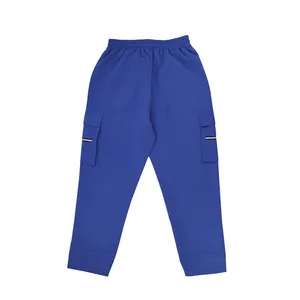 Detail back view of blue casual hip-hop cargo pants with elastic waist and side pockets.