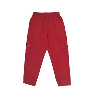 Red American casual cargo pants with tactical multi-pockets and elastic waist.