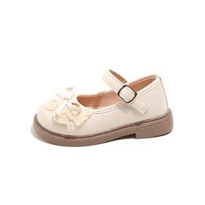 Elegantes zapatos de princesa Lolita crema para niñas con lazo de encaje y suela blanda Mary Jane