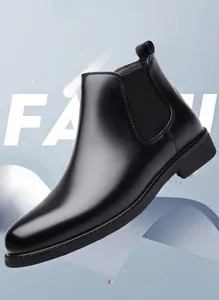 Side view of elegant black leather men's Chelsea boots with pointed toe design