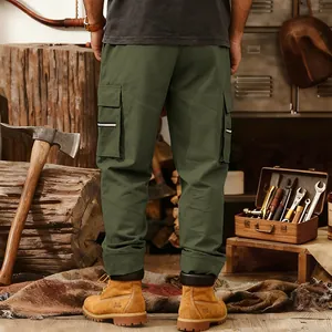 Back view of men's olive green tactical cargo pants featuring large side pockets