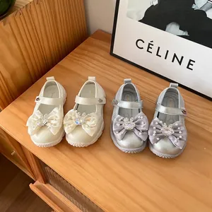 Spring Kids Girls Princess Mesh Shoes Breathable Hollow Out Sneakers With Ribbon Bow Rhinestone Artificial Pearl Lightweight