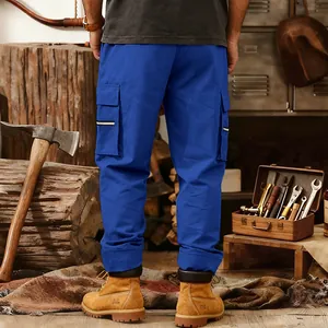 Back view of men's loose tactical cargo pants featuring multiple large side pockets