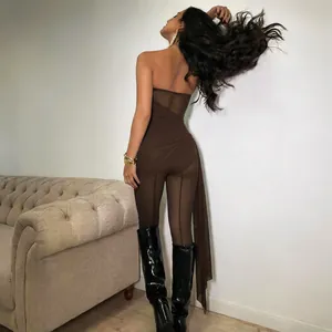 Back view of a sexy brown mesh patchwork strapless backless jumpsuit with footed detail