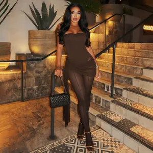 Elegant brown strapless jumpsuit with sheer mesh leg detail for a sexy night out