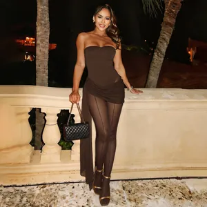 Sexy brown mesh strapless jumpsuit with sheer leggings and long side train detail