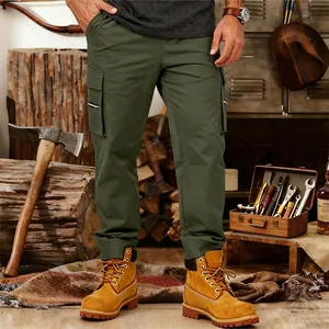 Close-up of men's olive green tactical cargo pants with multiple utility pockets