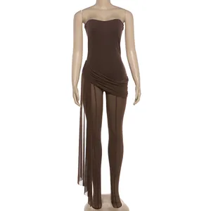 Front view detail of sexy brown mesh-spliced strapless jumpsuit with footed leggings