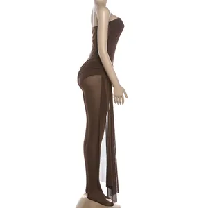 Side view of brown strapless mesh spliced bodysuit showing fitted silhouette.