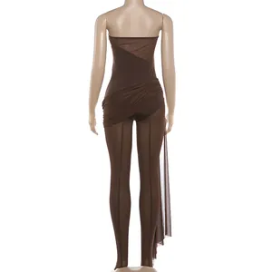 Detailed back view of a sexy brown mesh patchwork tube top jumpsuit with footed stirrups