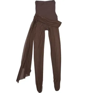 Detailed flat lay of sexy brown mesh spliced strapless footed jumpsuit for women