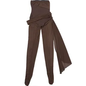 Detailed macro view of brown mesh strapless footed jumpsuit with elegant draped waist