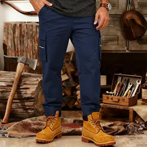 Detailed view of navy blue cargo pants featuring multi-pocket design and ribbed cuffs.