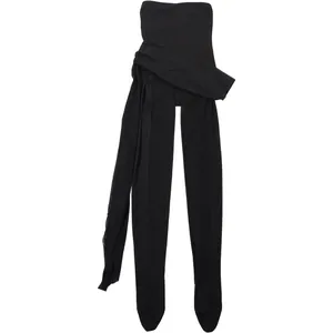 Detail of black slim-fit mesh spliced tube top jumpsuit with footed leggings design