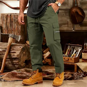 Detailed view of men's olive green loose cargo pants featuring tactical multi-pockets