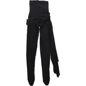 Macro detail of sexy black mesh splicing tube top footed jumpsuit featuring a long waist sash