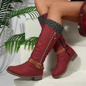 Elegant women's burgundy knee-high boots featuring grey knit cuff and square heel
