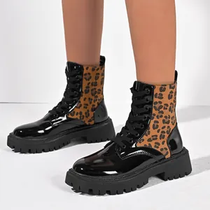 Women's leopard print lace-up martin boots with chunky soles and patent leather