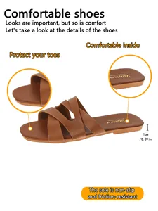 Detail showing the brown open-toe flat sandals with non-slip sole and comfort features