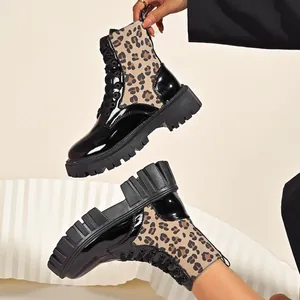 Women Leopard Print Patchwork Martin Boots Round Toe Chunky High Heel Lace Up Ankle Boots Color Blocking Fashion Shoes 2025