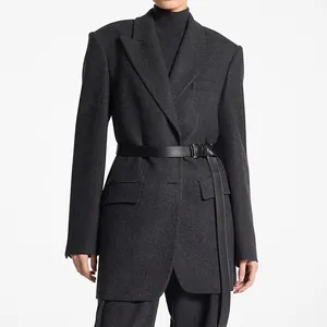 Oversized charcoal grey wool blazer with premium decorative buttons and black leather belt