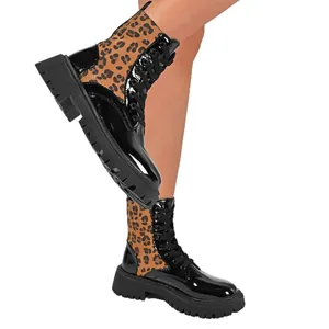 Women's stylish leopard print combat boots with chunky heels and rounded toes for fashion