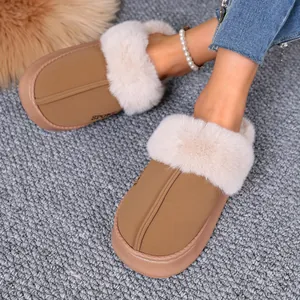 Close-up of warm winter slippers with cozy faux fur collar in tan color