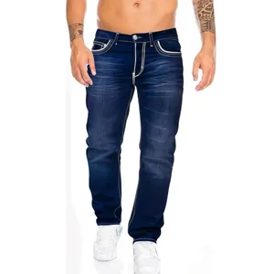 Men's slim-fit blue jeans with contrast double stitching and faded wash detail