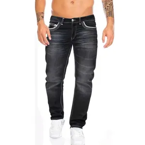 Men's slim fit dark denim jeans with white double stitching detail