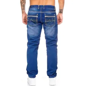 Back view of men's slim fit blue jeans with contrast stitching and decorative pockets