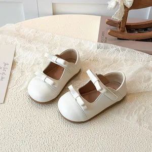 French retro girls' cream leather flat shoes with elegant double bow design