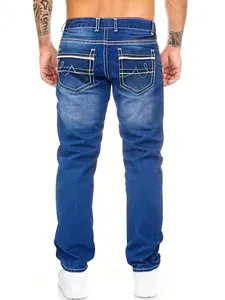 Back view of men's slim-fit blue denim jeans with decorative double-stitched back pockets