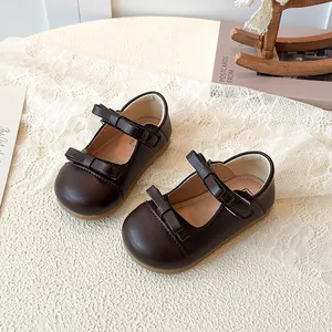 French style retro brown children's Mary Jane shoes with double bow detail on lace