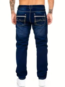 High-quality men's slim fit denim jeans featuring decorative double back pocket stitching