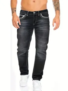 Men's high quality slim fit double stitched denim jeans in washed black style for daily wear
