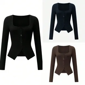 Slim fit long sleeve ribbed knit cardigan with square neck and asymmetrical hem