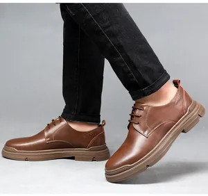 Brown men's leather leisure shoes with durable non-slip rubber soles for outdoor walking