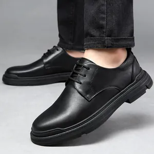 Men's classic black genuine leather casual shoes with soft non-slip rubber soles