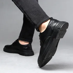Men's black genuine leather casual shoes featuring soft anti-slip rubber outsoles